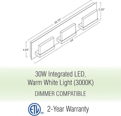 Kira Home Everett 24" Modern Integrated LED 3-Light Bathroom Vanity Light | 30W 3000K Warm White Light, Minimalist Bathroom Wall Sconce with Frosted Acrylic Blocks, Brushed Nickel Finish