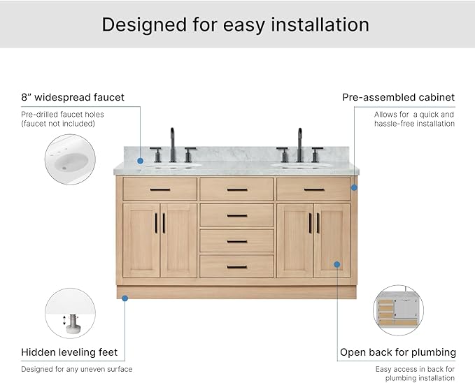 ARIEL Hepburn 66-inch Bathroom Vanity with Sink,Solid Wood, 1.5-inch Italian Carrara Marble Countertop & Backsplash, Double Oval Porcelain Sink, 4 Soft Closing Doors, 6 Dovetail Drawers, White Oak