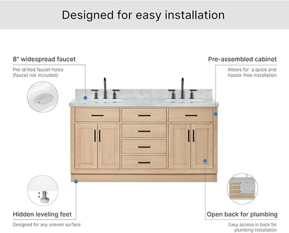 ARIEL Hepburn 66-inch Bathroom Vanity with Sink,Solid Wood, 1.5-inch Italian Carrara Marble Countertop & Backsplash, Double Oval Porcelain Sink, 4 Soft Closing Doors, 6 Dovetail Drawers, White Oak