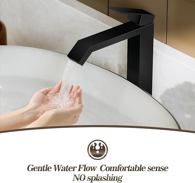 Single Handle Tall Bathroom Vessel Sink Faucet,Matte Black Square Single Hole Waterfall Above Counter Sink Faucet with Metal Pop Up Drain Without Overflow and Water Supply Line,FH05-MB-V