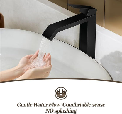 Single Handle Tall Bathroom Vessel Sink Faucet,Matte Black Square Single Hole Waterfall Above Counter Sink Faucet with Metal Pop Up Drain Without Overflow and Water Supply Line,FH05-MB-V
