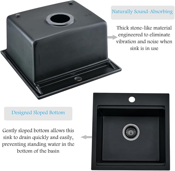 15x15 Black Drop In Bar Sink Workstation,Quartz Outdoor Rv Wet Bar | 15 Inch Single Bowl Small Drop In Kitchen Sinks with Cutting Board,Quartz Composite, Rust-Proof & Easy Clean