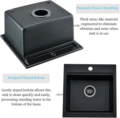 15x15 Black Drop In Bar Sink Workstation,Quartz Outdoor Rv Wet Bar | 15 Inch Single Bowl Small Drop In Kitchen Sinks with Cutting Board,Quartz Composite, Rust-Proof & Easy Clean