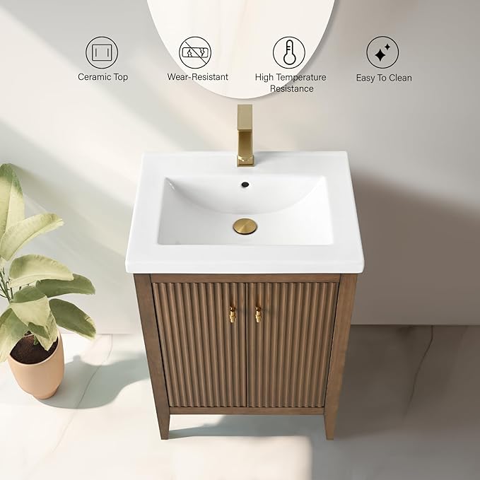 Vanity Art 24 inch Bathroom Vanity with Single Sink & Ceramic Top, Vanity Cabinet with Soft-Closing Door, Solid Wood Frame, Linear Pattern, Walnut, Golden Brushed Handware VA9124-Walnut-GB