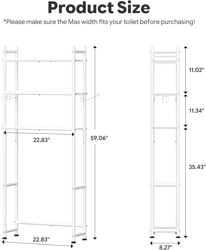 Simple Trending 3-Tier Over Toilet Storage Rack with Paper Holder & Hooks | Heavy Duty Metal Bathroom Organizer Shelf Over Toilet, Freestanding Space Saving Bathroom Cabinet for Laundry, White