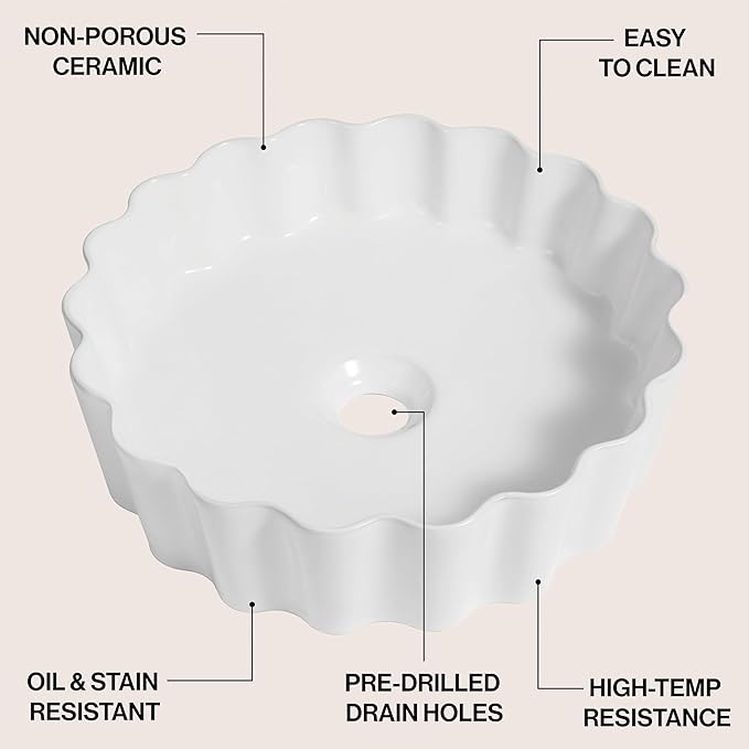 JONATHAN Y SNK1005A 15" Round Bathroom Vessel Sink, Art Deco Scallop Above Counter Vanity Sink, White Ceramic Basin for Modern Powder Room and Lavatory