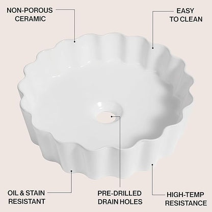 JONATHAN Y SNK1005A 15" Round Bathroom Vessel Sink, Art Deco Scallop Above Counter Vanity Sink, White Ceramic Basin for Modern Powder Room and Lavatory
