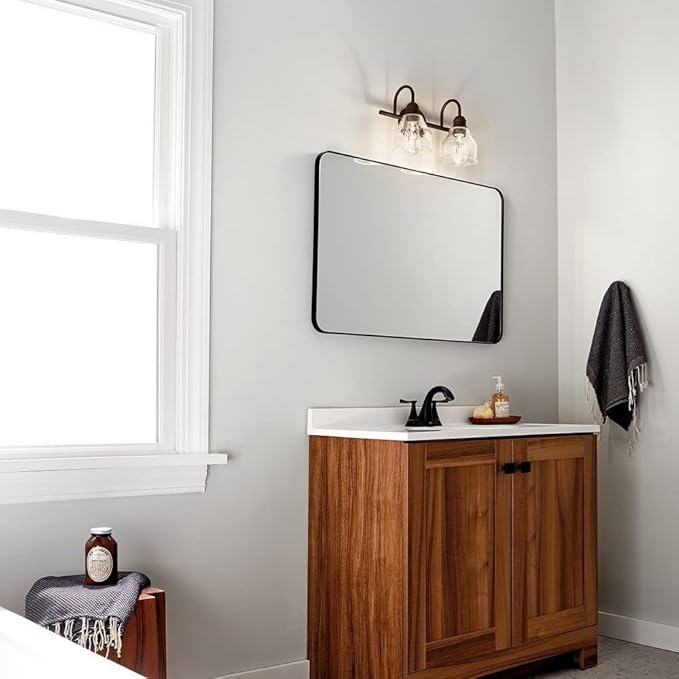 KICHLER Avery 15" Bathroom Vanity Industrial 2 Light Wall Fixture with Clear Seeded Glass in Natural Brass, for Bathroom (8.25" x 15" x 9.5") 45972NBR