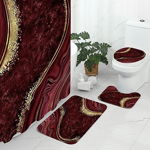Gibelle 4 Pcs Luxury Marble Shower Curtain Set with Non-Slip Rugs, Toilet Lid Cover and Bath Mat, Gold Foil Red Bathroom Decor Set with Shower Curtain and Rugs and Accessories