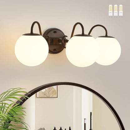 3 Lights Vintage Bathroom Vanity Light Fixtures Over Mirror, Oil Rubbed Bronze Vanity Lights For Bathroom With Milk Glass Globe Shade, Wall Lights For Bedroom, Hallway, Dressing Table(G9 Incl.)