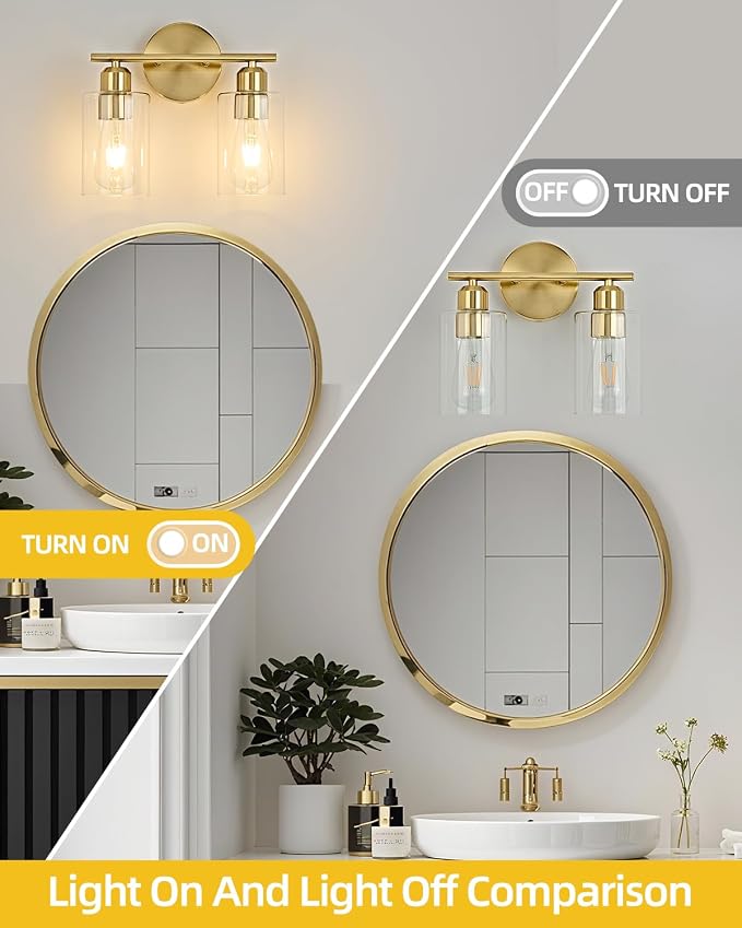 2Light Modern Vanity Lights - Gold, Clear Glass Shade, Wall Sconce for Bathroom & Bedroom, 2 Pack