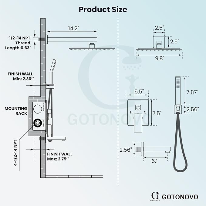 gotonovo Bathtub Shower Faucet Set, 10 Inch Shower Head, Oil Rubbed Bronze | Wall Mounted Shower System with Tub Spout for Bathroom, Square High Pressure Rain Shower head with Handheld Spray, All Metal