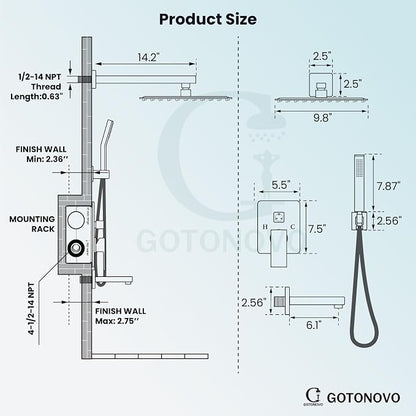 gotonovo Bathtub Shower Faucet Set, 10 Inch Shower Head, Oil Rubbed Bronze | Wall Mounted Shower System with Tub Spout for Bathroom, Square High Pressure Rain Shower head with Handheld Spray, All Metal