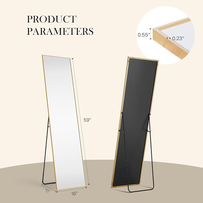 NEWBULIG Full Length Floor Mirror, Body Standing Wall Mirror | Hanging or Leaning, Shatter-Proof Glass, Aluminum Alloy Frame with Stand, Home Decor Bedroom, Gold