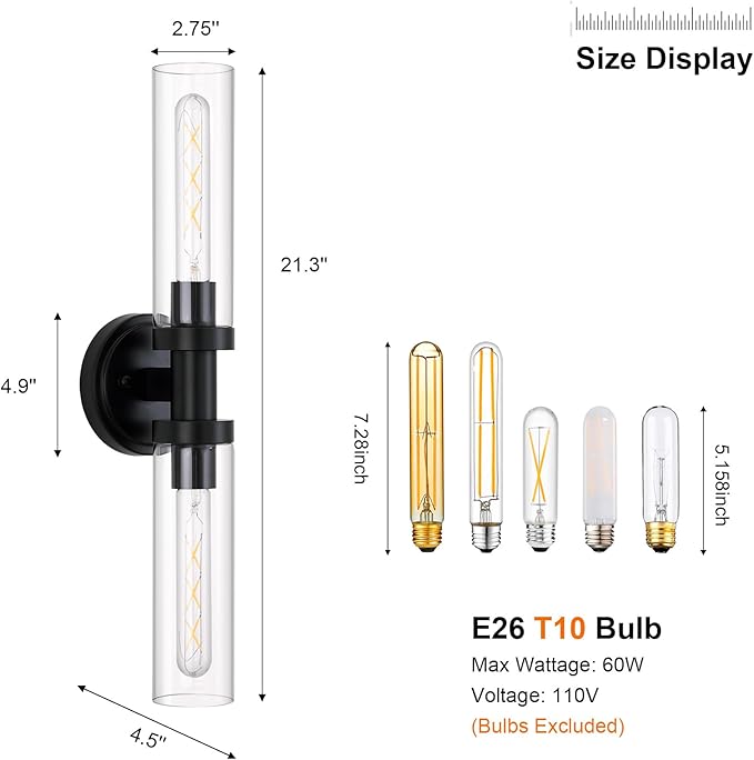 Black Sconces Wall Lighting, Bathroom 2-Light Vanity Light W/Clear Glass Shade, Modern Wall Mounted Lights for Mirror, Makeup Vanity, Kitchen, Washroom, Hallway, E26 T10 Bulbs(Excluded)