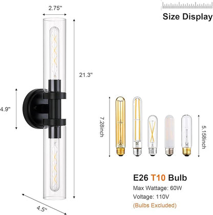 Black Sconces Wall Lighting, Bathroom 2-Light Vanity Light W/Clear Glass Shade, Modern Wall Mounted Lights for Mirror, Makeup Vanity, Kitchen, Washroom, Hallway, E26 T10 Bulbs(Excluded)