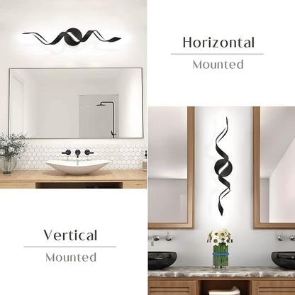 Modern LED Bathroom Vanity Lights, 24inch Dimmable Black Bathroom Lighting Fixture Over Mirror 15W Spiral Design LED Wall Light Fixtures 6000K