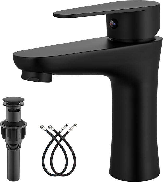 Heyalan Bathroom Faucet Single Handle 1 Hole SUS304 Stainless Steel Deck Mount Lavatory Single Switch Basin Sink Faucet with Pop Up Drain and Hot and Cold Water Mixer Matte Black