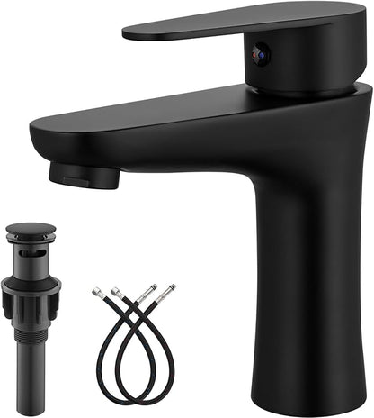 Heyalan Bathroom Faucet Single Handle 1 Hole SUS304 Stainless Steel Deck Mount Lavatory Single Switch Basin Sink Faucet with Pop Up Drain and Hot and Cold Water Mixer Matte Black