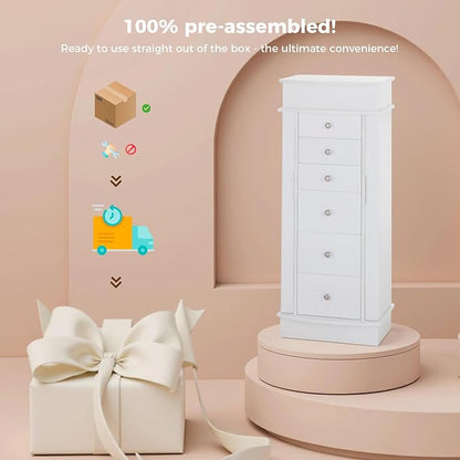 IRONCK Jewelry Cabinet with LED Mirror and 6 Drawers, Jewelry Armoire Cabinet Standing with Necklace Hooks & Anti-Tarnish Lining, Standing Jewelry Box, Gift for Women, White