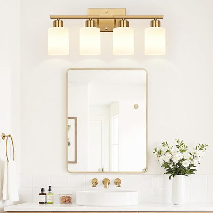 4-Light Bathroom Light Fixtures, Brushed Gold Vanity Light with Milky White Frosted Glass Shades, Modern Bathroom Vanity Light for Mirror, Bedroom, Hallway, or Living Room