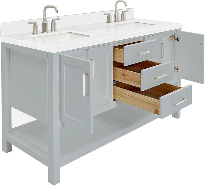 ARIEL Magnolia 60-inch Bathroom Vanity with Sink,Solid Wood, 1.5-inch Carrara White Quartz Countertop & Backsplash, Double Rectangular Porcelain Sink, 4 Soft Closing Doors, 3 Dovetail Drawers, Grey