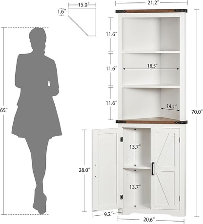 TEENFON Farmhouse Corner Cabinet, 70" H Tall Corner Hutch with 5 Shelves & 2 Barn Doors, Bathroom Cabinet with Adjustable Shelf, for Living Room, Kitchen, Bathroom, White