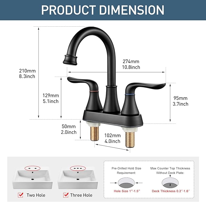 Bathroom Faucets for Sink 3 Hole, 4 inch Matte Black with Pop-up Drain and 2 Supply Hoses 2 Handle Centerset Faucet for Sink Vanity