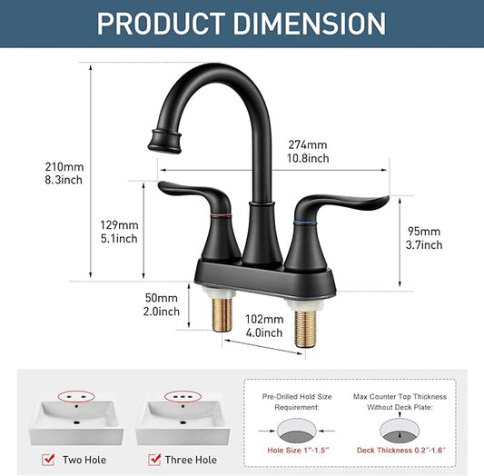 Bathroom Faucets for Sink 3 Hole, 4 inch Matte Black with Pop-up Drain and 2 Supply Hoses 2 Handle Centerset Faucet for Sink Vanity