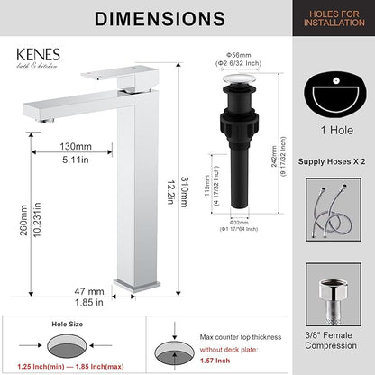 KENES Chrome Bowl Vessel Sink Facuet Single Handle Tall Bathroom Sink Faucet Bathroom Vanity Faucet Basin Mixer Tap with Water Supply Lines and Pop Up Sink Drain, LJ-9031A-5