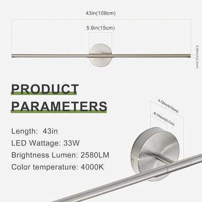 Brushed Nickel Bathroom Light Fixtures Over Mirror 43 Inch, 33W 360° Rotatable Dimmable 4000K LED Vanity Light Bar, Modern Bathroom Vanity Lights Above Mirror