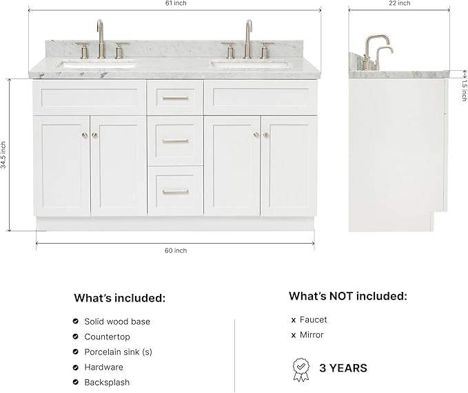 ARIEL Hamlet 60-inch Bathroom Vanity with Sink,Solid Wood, 1.5-inch Italian Carrara Marble Countertop, Double Rectangular Porcelain Sink, 4 Soft Closing Doors, 3 Dovetail Drawers, White