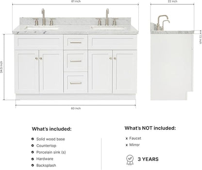 ARIEL Hamlet 60-inch Bathroom Vanity with Sink,Solid Wood, 1.5-inch Italian Carrara Marble Countertop, Double Rectangular Porcelain Sink, 4 Soft Closing Doors, 3 Dovetail Drawers, White