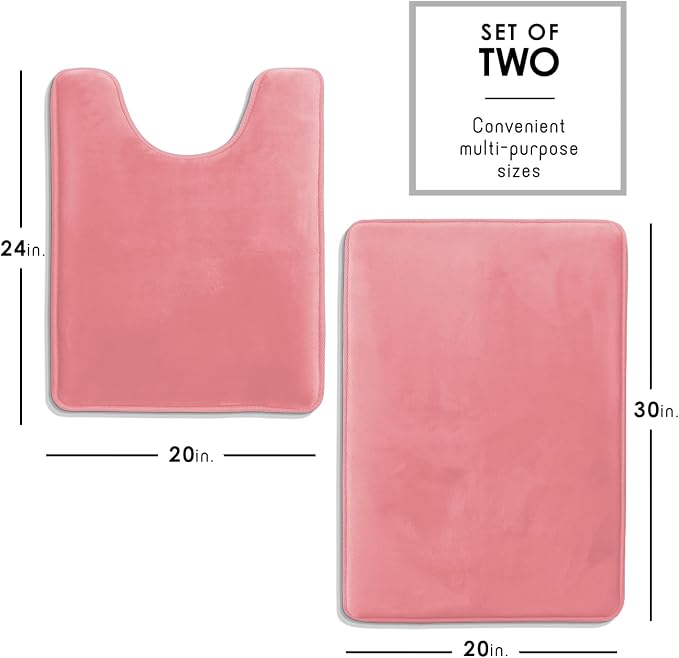 Clara Clark 2 Piece Bathroom Rugs, Velvet Memory Foam Bath Mat Set, Non-Slip Bath Rugs, Machine Wash, Dries Quickly, Ultra Soft Plush Bath Mats for Bathroom, 20 x 32 + Contour, Coral Pink