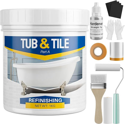Tile Paint, 35oz Tub and Tile Paint Refinishing Kit with Tools and Hardener, Easy to Use for Countertop Bathroom Bathtub Kitchen Sink, Semi-Gloss White, Low Odor，50-55sq.ft