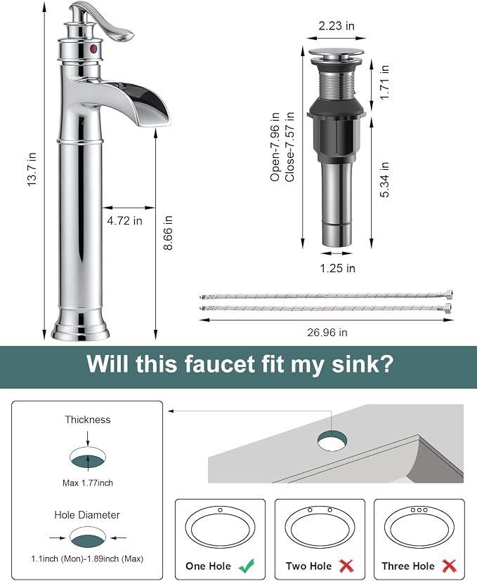 BWE Vessel Sink Faucet Chrome Polished Waterfall Spout Tall Body 1 Hole | Tall Bathroom Faucets with Pop Up Drain Assembly Without Overflow Supply Lines Lavatory Vanity Faucets Commercial