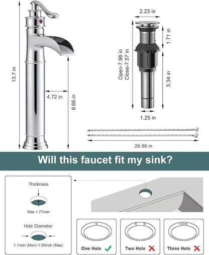 BWE Vessel Sink Faucet Chrome Polished Waterfall Spout Tall Body 1 Hole | Tall Bathroom Faucets with Pop Up Drain Assembly Without Overflow Supply Lines Lavatory Vanity Faucets Commercial