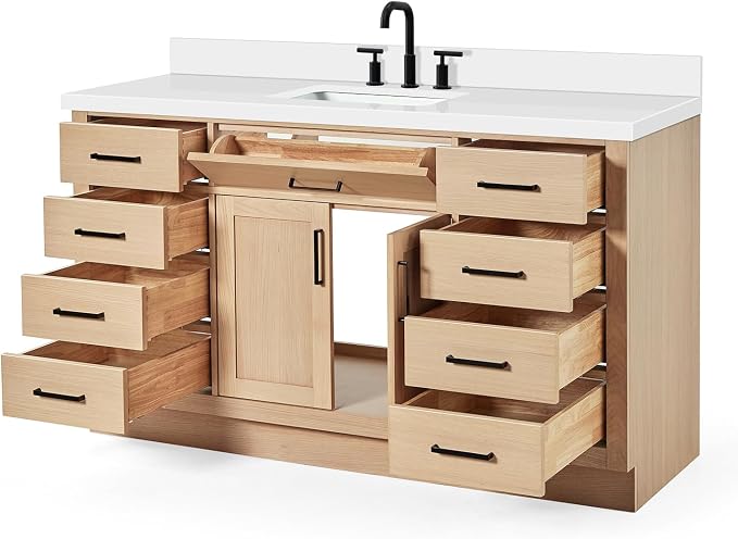 ARIEL Hepburn 60-inch Bathroom Vanity with Sink,Solid Wood, 1.5-inch Pure White Quartz Countertop, Single Rectangular Porcelain Sink, 2 Soft Closing Doors, 9 Dovetail Drawers, White Oak