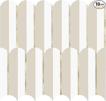 Vamos Tile Peel and Stick Backsplash Seamless Tile,PVC+Gold,Matt,10-Sheet | 11.9''x10.8'',White & Beige Self Adhesive Fish Scale Stick on Backsplash Tile for Kitchen & Bathroom & Laundry & Camper