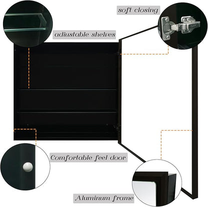 Bathroom Medicine Cabinet with MirrorSurface Mount Vanity Mirror Cabinet, Single Door Cabinet Famerhouse Bathroom with Storage (Brush Black, 24x24 Inch)