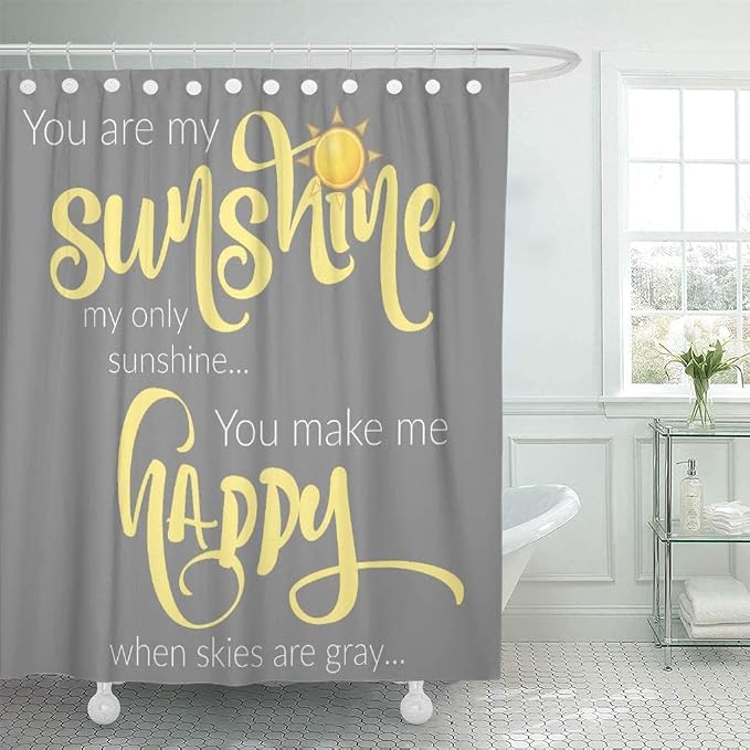 Shower Curtain for Bathroom Decor, 66 x 72 Inch, Sunshine Yellow | Quote Inspirational Gray Waterproof Polyester Fabric Shower Curtains Set with Hooks
