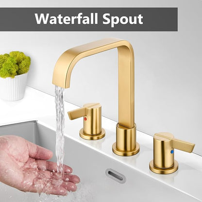 Brushed Gold Bathroom Faucet 3 Hole 8 Inch Widespread Waterfall | 2-Handle Vanity Faucet, Pop-Up Drain, Supply Lines, Adjustable 4- to 16-Inch Widespread Fit, 360° Swivel Spout