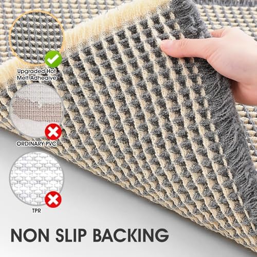Extra Large Waffle Bath Mat Grey & Beige 6'x2'(72" x 24"), Boho Woven Modern Bath Mat Rugs, Absorbent Non Slip Bathroom Rugs, Soft Washable Bath Rugs with Tassels for Bedroom, Kitchen, Shower, Tub
