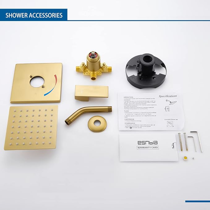 Esnbia Shower Kit, Shower Faucet Set（Valve Included) with 6-Inch Rain Shower Head, Single-Handle Shower Trim Kit, Brushed Gold | Complete tub and shower trim kit with 6-inch rainfall head, single-handle control, tub spout, and valve. Brushed Gold finish.
