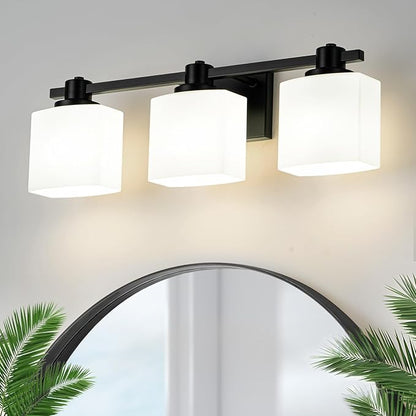 24 Inch Black Bathroom Light Fixtures over Mirror 3 Light Matte Black Vanity Light Milk Glass Makeup Shower Lamp Small Farmhouse Wall Sconce Modern Desk Vintage Rustic Bath above Sink Lighting