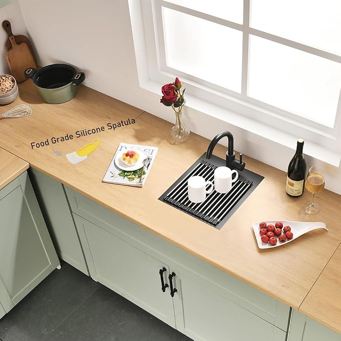 Black Drop In Bar Sink Quartz, 13x15 Inch | Granite Composite Quartz Small Kitchen Sink RV Wet Bar Topmount Single Bowl Kitchen Sink with Small Rubber Squeegee