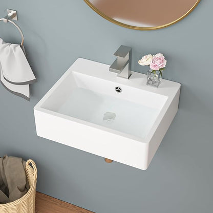 Sarlai Wall Mount Vessel Sink - 21 x 16 Inch Wall Mounted Bathroom Sink White Wall Hung Rectangle Porcelain Sink With Overflow Ceramic Basin Floating Lavatory Sinks