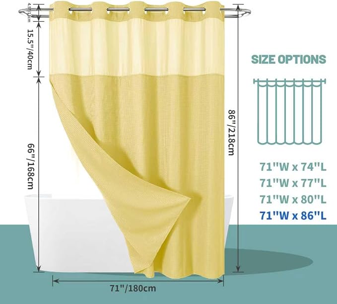 eachope No Hook Long Waffle Shower Curtain, Snap-in Liner, 71x86 in, Yellow | 230 GSM waffle weave fabric, waterproof liner set with 2 bottom magnets, mesh top window, washable, for bathroom or hotel use