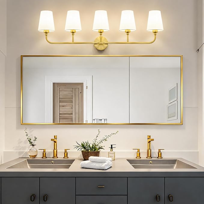 Bathroom Vanity Light, Brushed Gold Bathroom Lighting Fixtures Over Mirror | 5-Light Bathroom Light Fixtures with Flared White Fabric Shade, E26 Socket (ETL Listed)