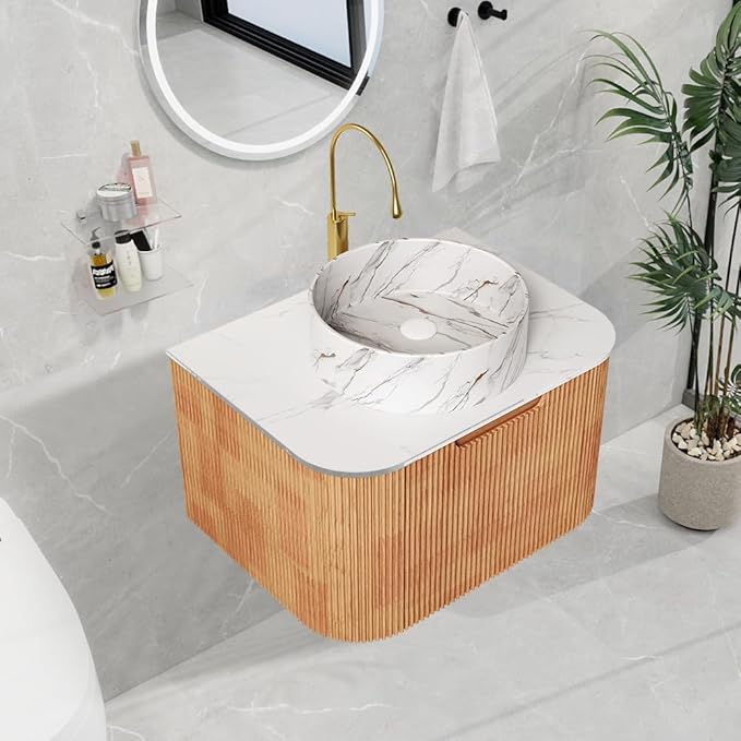 LKTART 24 Inch Floating Bathroom Vanity with Sink, Modern Wall Mounted Bathroom Storage Cabinet with Drawer, Stone Pattern Round White Ceramic Sink Top and Marble Texture Top, Natural Wood